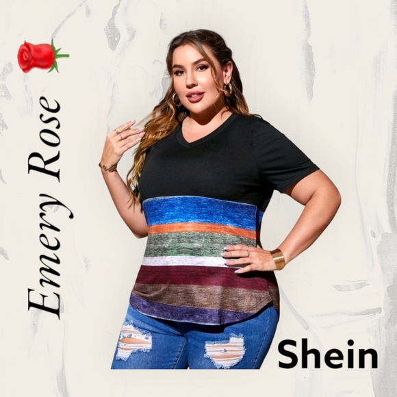 SHEIN/EMERY ROSE 🌹 Women's Plus Size Black Colorblock Casual Fashion Top!! - Picture 2 of 13